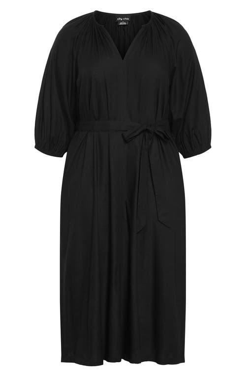 City Chic Davina Puff Sleeve Tie Waist Midi Dress In Black