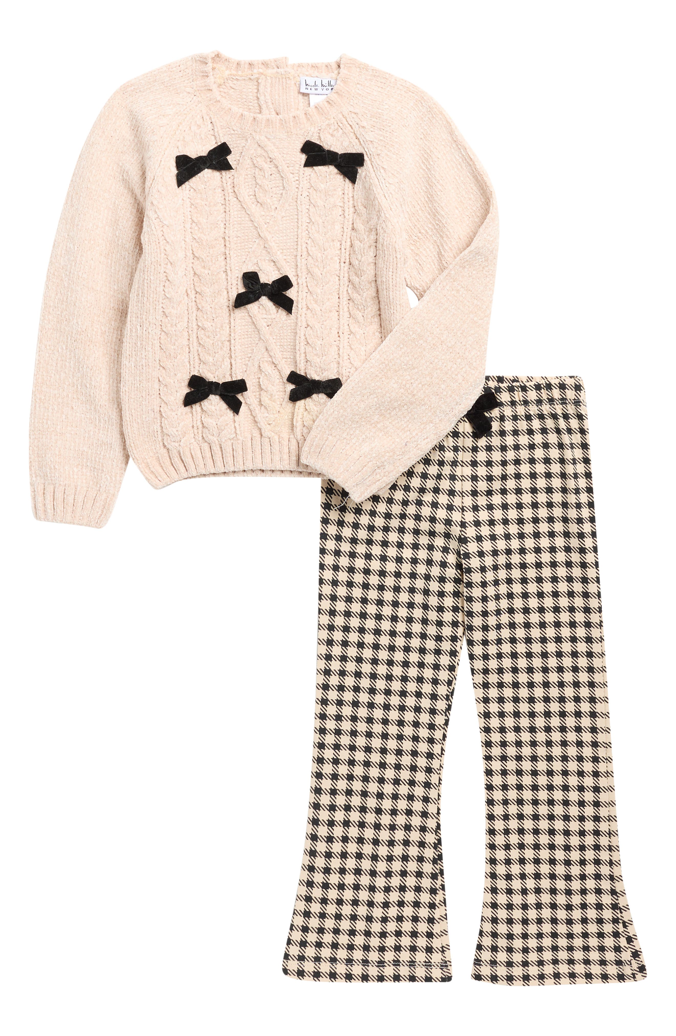 Nicole Miller Bow Chenille Sweater & Houndstooth Flare Leg Pants Set