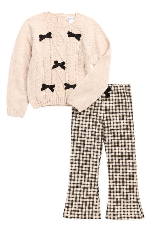Bow Chenille Sweater & Houndstooth Flare Leg Pants Set (Toddler)