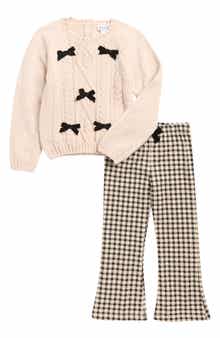 Nicole Miller Bow Chenille Sweater & Houndstooth Flare Leg Pants Set
