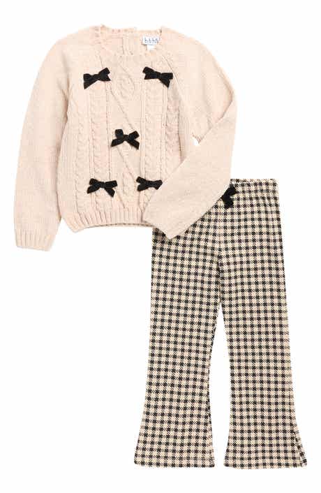 Nicole Miller Bow Chenille Sweater & Houndstooth Flare Leg Pants Set