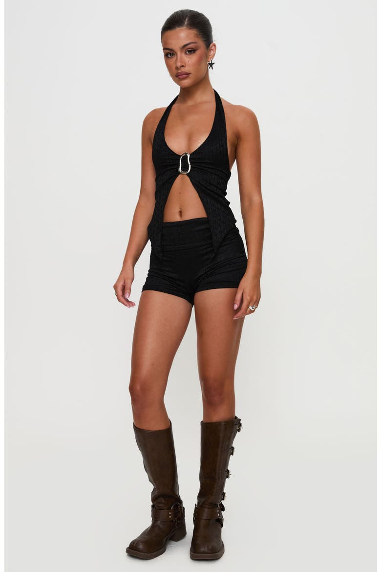 Moderna Split Front Lace Halter Top, Alternate, color, BLACK