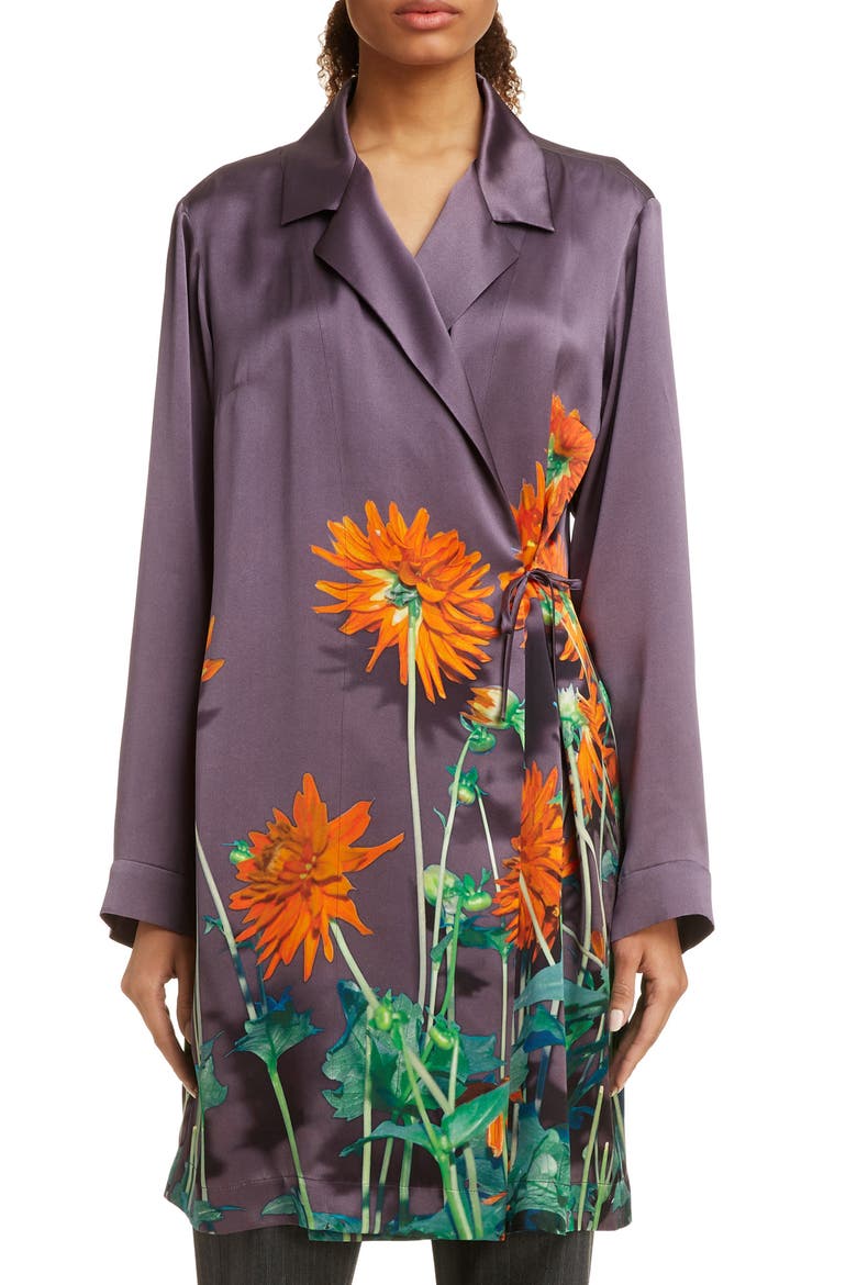 Calberta Dahlia Print Silk Robe Jacket, Main, color, PURPLE