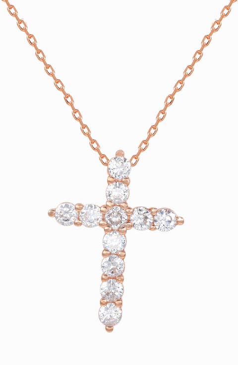 Rose Gold Plated Sterling Silver Cubic Zirconia Cross Pendant Necklace