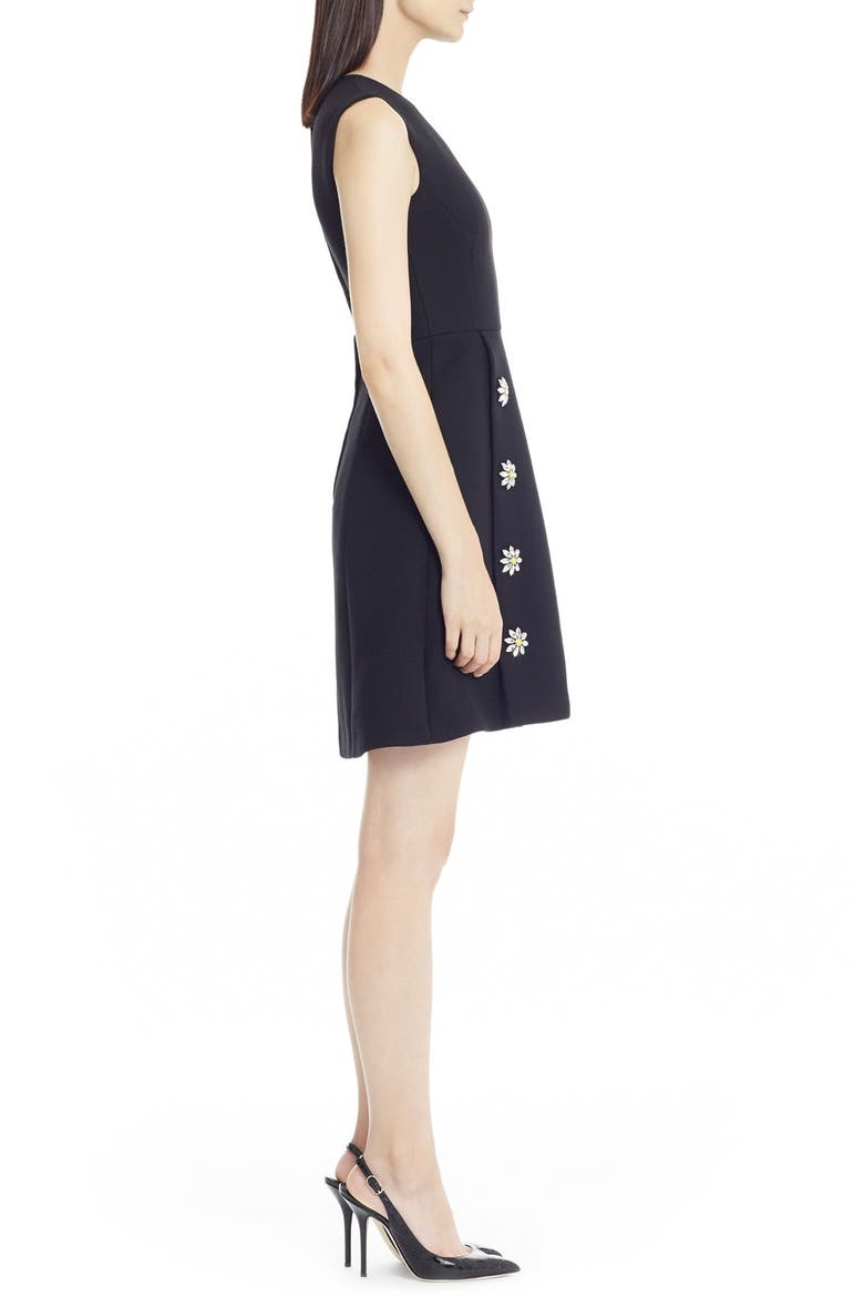 Daisy Crystal Button Wool Crepe Dress, Alternate, color, BLACK