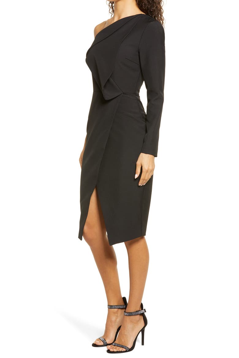 Folded Detail One Shoulder Cocktail Dress, Alternate, color, BLACK