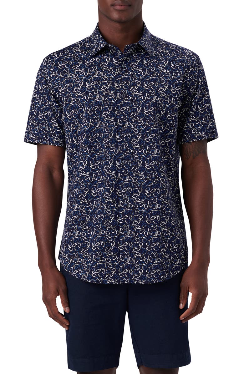 Bugatchi OoohCotton<sup>®</sup> Leaf Print Short Sleeve Button-Up Shirt, Main, color, 