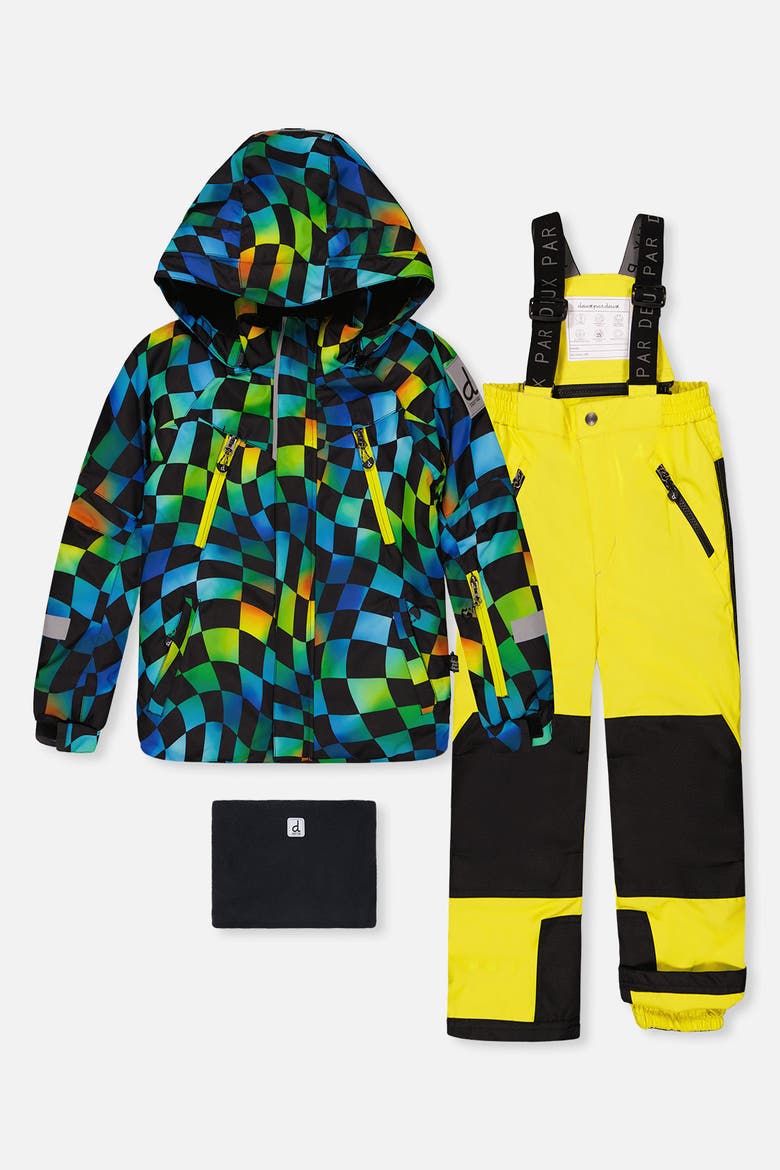 Play Checkerboard Jacket & Reinforced Pants Two Piece Snowsuit, Main, color, Green, Yellow & Blue Check