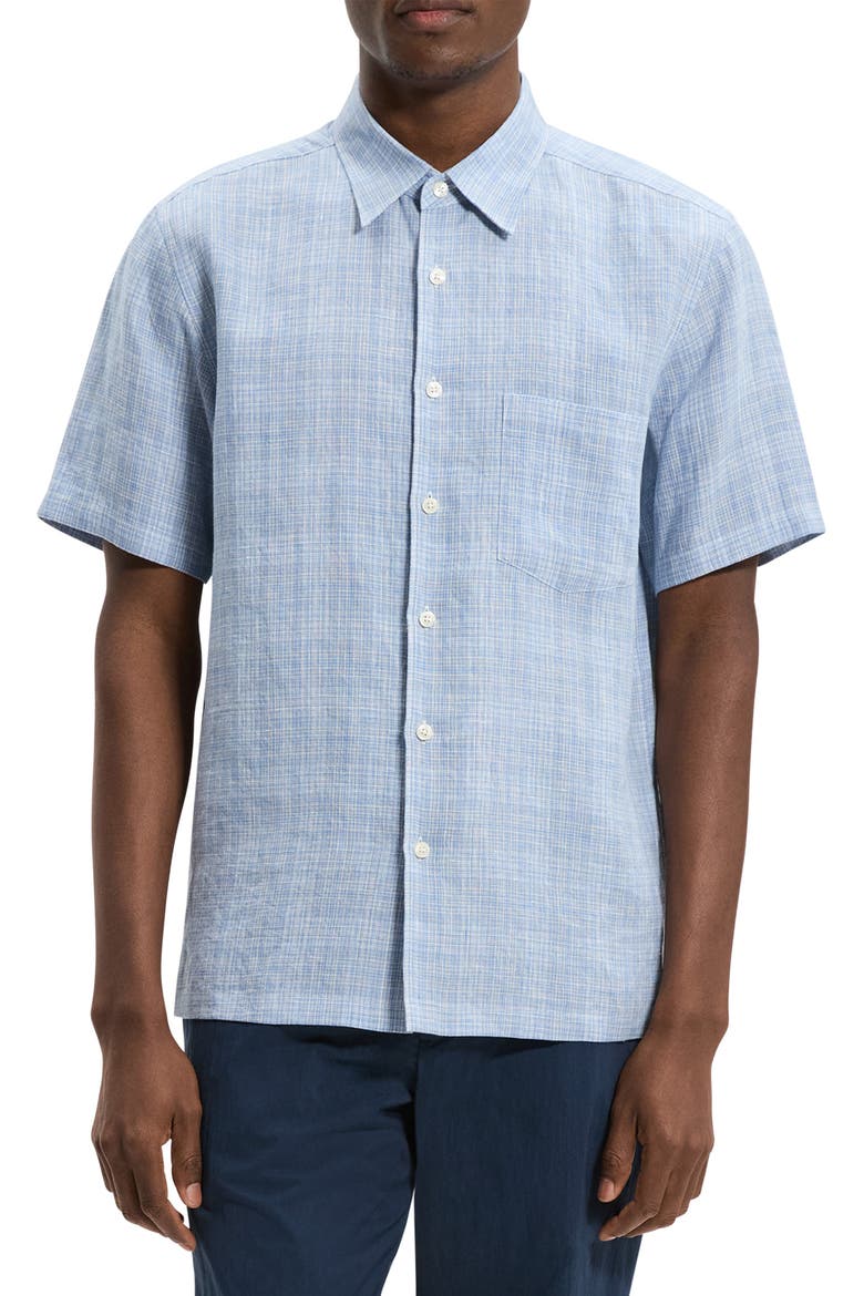 Irving Plaid Short Sleeve Linen Button-Up Shirt, Main, color, CRISP BLUE MULTI - 2RP