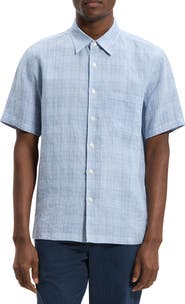 Theory Irving Plaid Short Sleeve Linen Button-Up Shirt