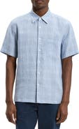 Theory Irving Plaid Short Sleeve Linen Button-Up Shirt
