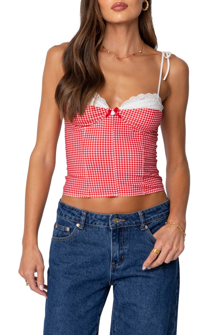 Peekaboo Lacy Gingham Corset Top, Main, color, RED