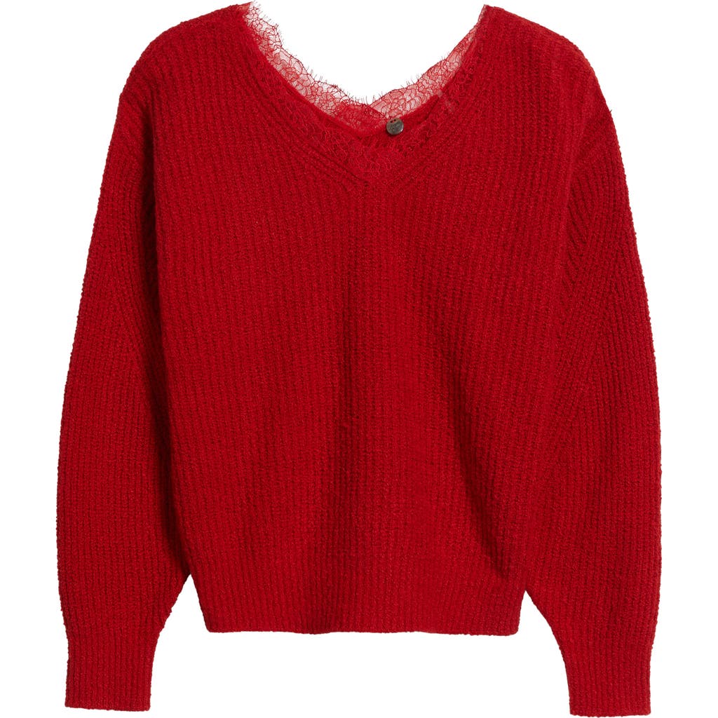 Margaret O'leary Lace Accent Cotton Blend V-neck Sweater In Red