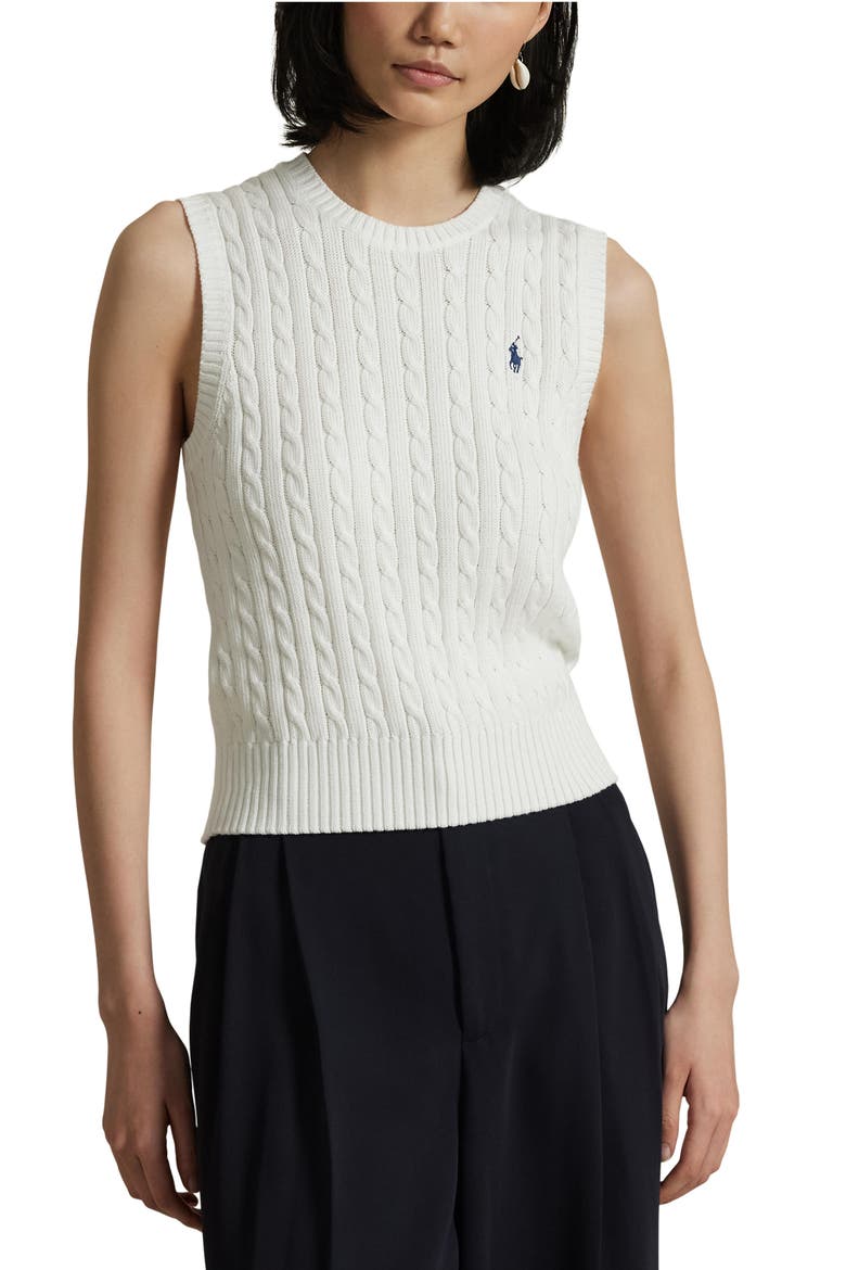 Cable Knit Cotton Sweater Vest, Main, color, WHITE