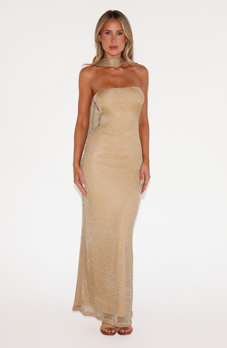 Tiger Mist Daniela Strapless Shimmer Knit Dress & Scarf Set, Alternate, color, Gold