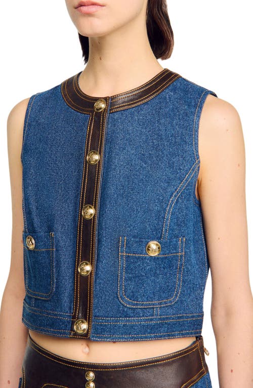 Sandro Womens Dark Blue Leather-trim Button-down Denim Top In Blue