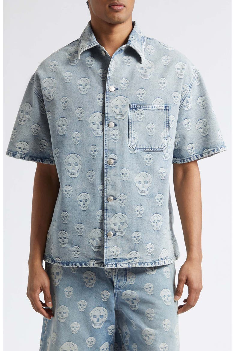 Skull Print Short Sleeve Denim Button-Up Shirt, Main, color, SAPPHIRE