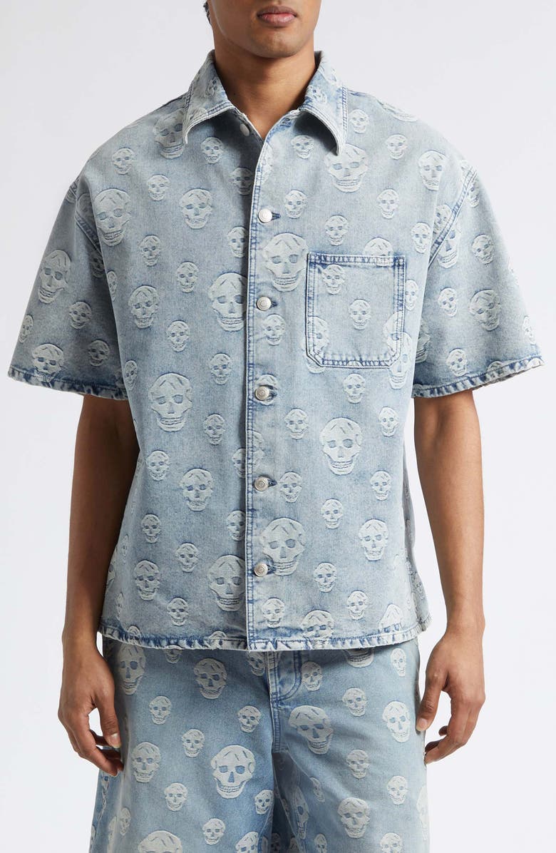McQueen Skull Print Short Sleeve Denim Button-Up Shirt, Main, color, Sapphire