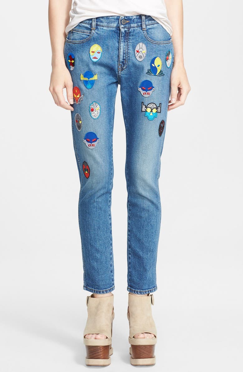 Stella McCartney Superhero Patchwork Skinny Boyfriend Jeans, Main, color, 