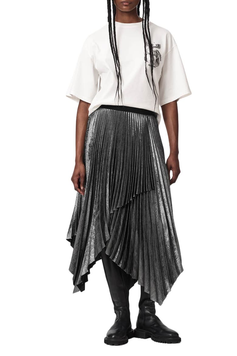 Elisa Pleated Asymmetrical Midi Skirt, Alternate, color, PLATINUM SILVER