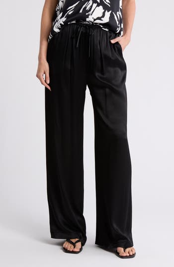 Nordstrom Tie Front Satin Wide Leg Pants In Black