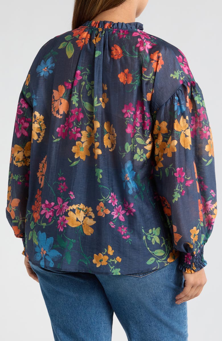 Renee C Floral Ruffle Tie Neck Long Sleeve Top, Alternate, color, Navy