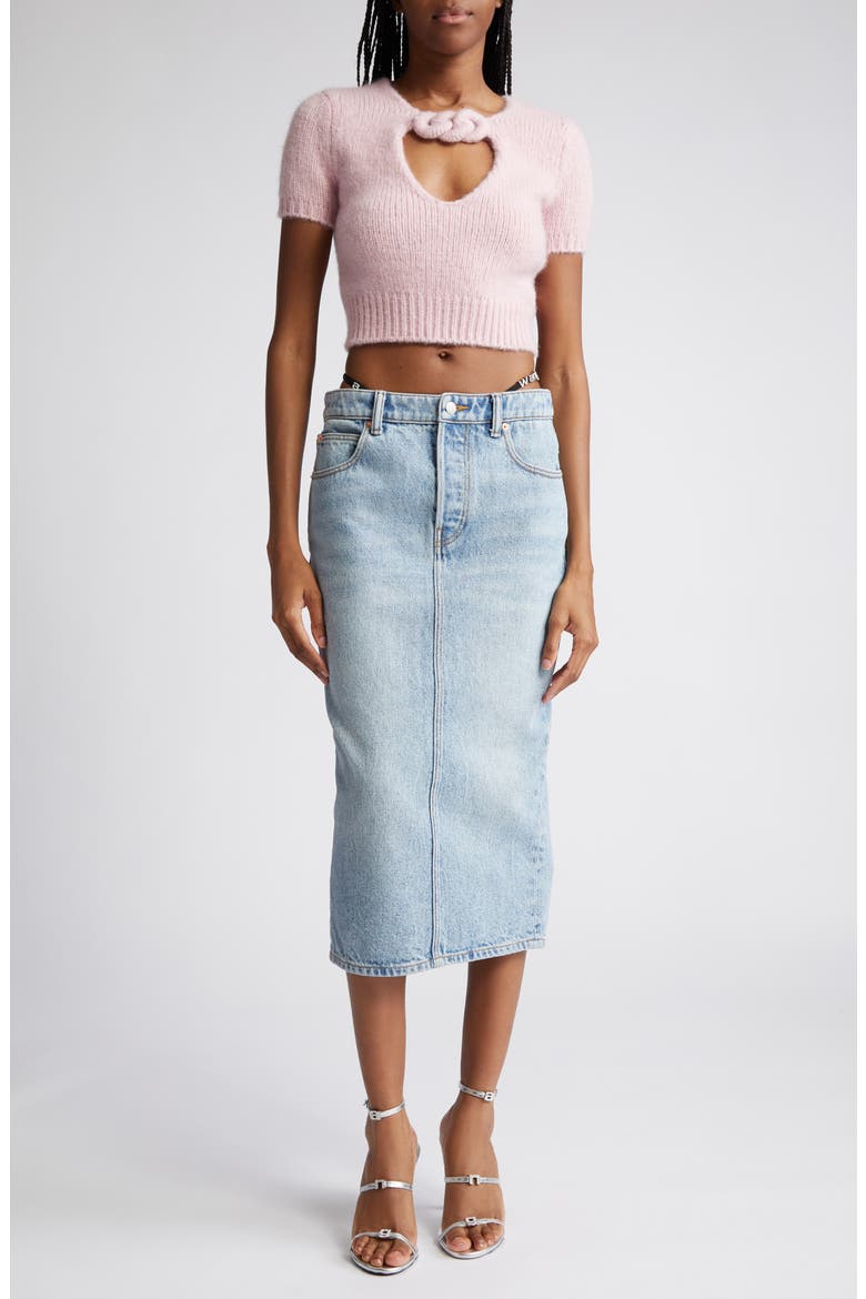 Thong Strap Detail Denim Midi Skirt, Alternate, color, VINTAGE FADED INDIGO