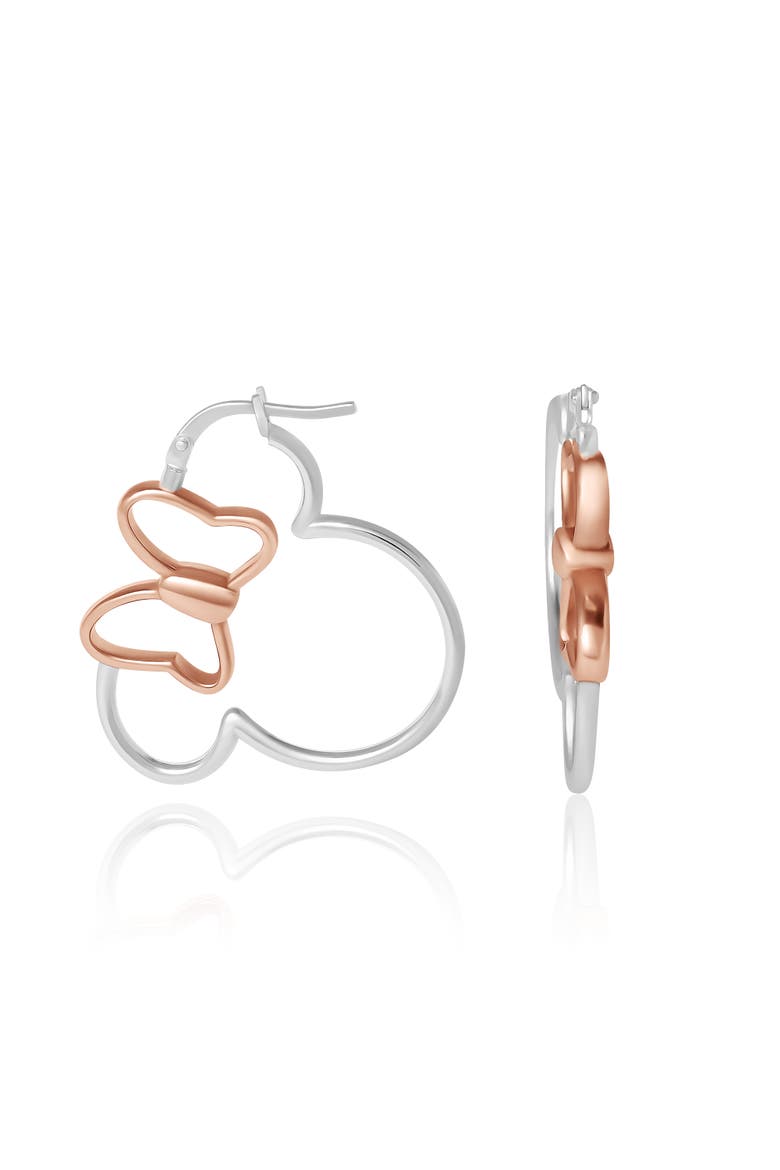 Minnie Mouse Hoop Earrings for Women Official License, Sterling Silver Minnie Earrings with 18k Pink Gold Flash-Plated Bow, Alternate, color, Silver/ Rose Gold