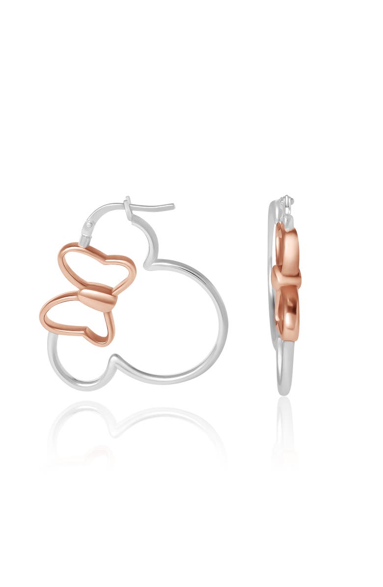 Disney Minnie Mouse Hoop Earrings for Women Official License, Sterling Silver Minnie Earrings with 18k Pink Gold Flash-Plated Bow, Alternate, color, Silver/ Rose Gold
