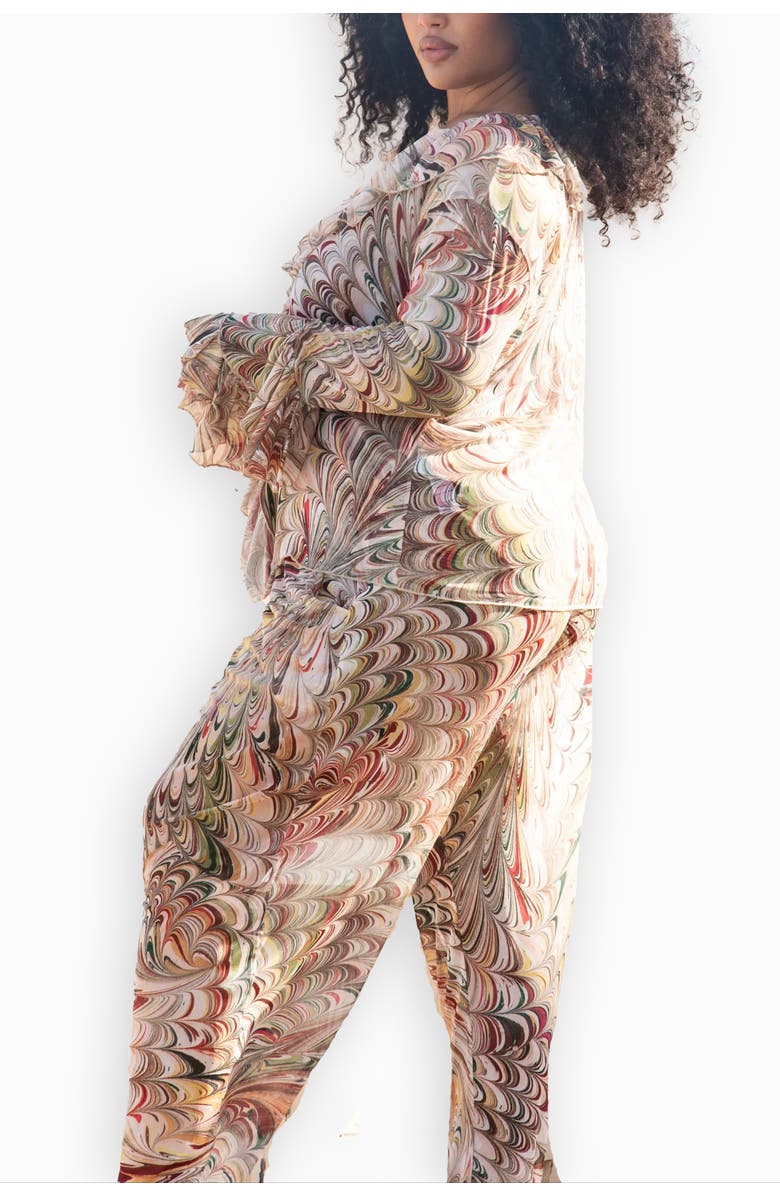 FASHION-SZN CURVE Curve V-Neck Ruffle Printed Resort Top, Alternate, color, Beige