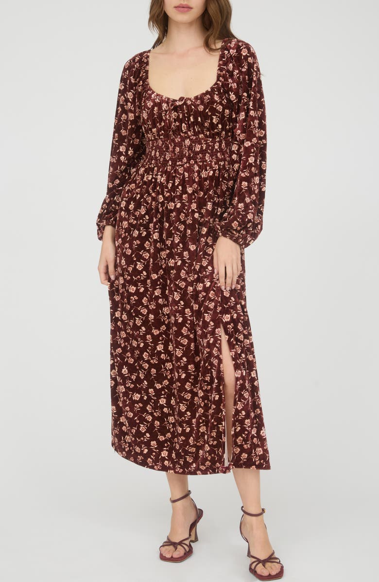 AUGUST SKY Floral Long Sleeve Velvet Maxi Dress, Main, color, Burgundy Multi
