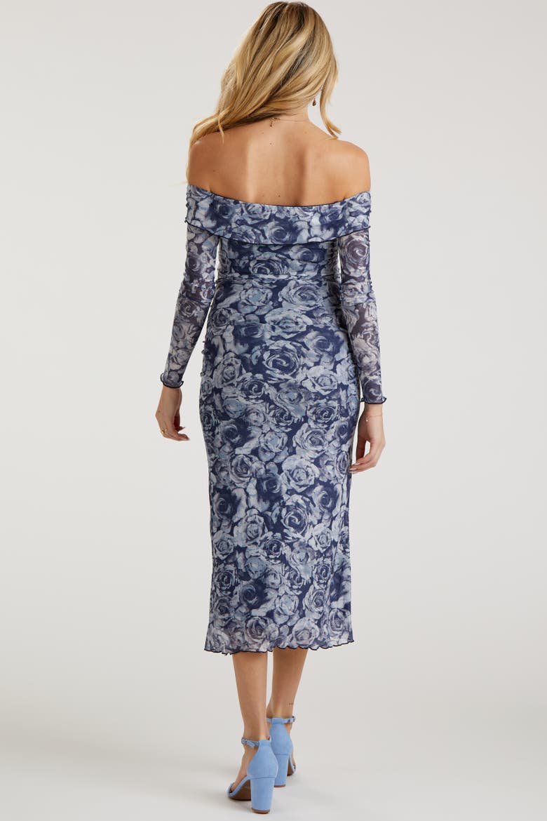 Floral Off Shoulder Mesh Knit Midi Dress, Alternate, color, Navy Blue