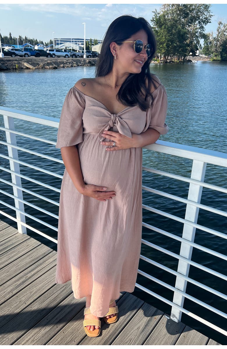 PinkBlush Front Tie Ruffle Sleeve Midi Dress, Alternate, color, Mocha
