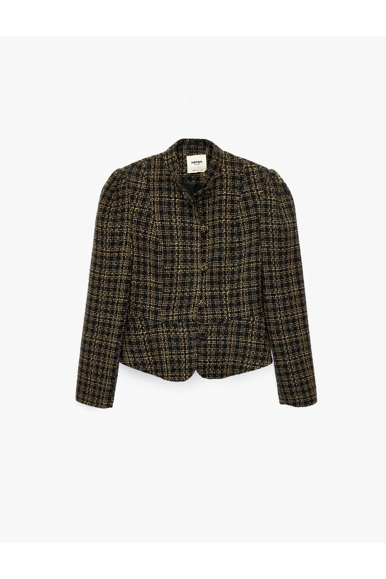 Mandarin Collar Long Sleeve Plaid Tweed Jacket, Alternate, color, BROWN CHECK