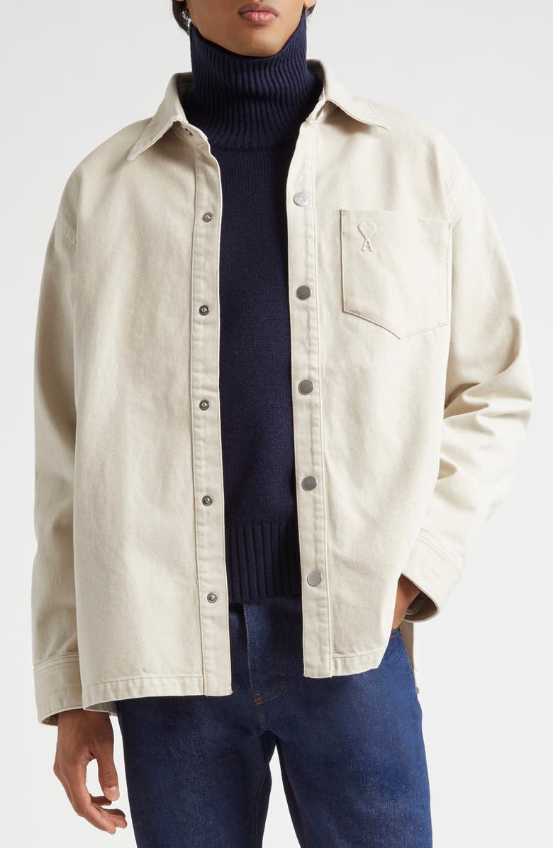 AMI PARIS Ami De Coeur Cotton Twill Overshirt, Main, color, 