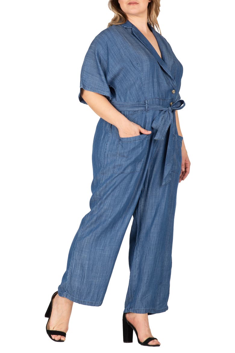 Tie Waist Denim Jumpsuit, Alternate, color, INDIGO