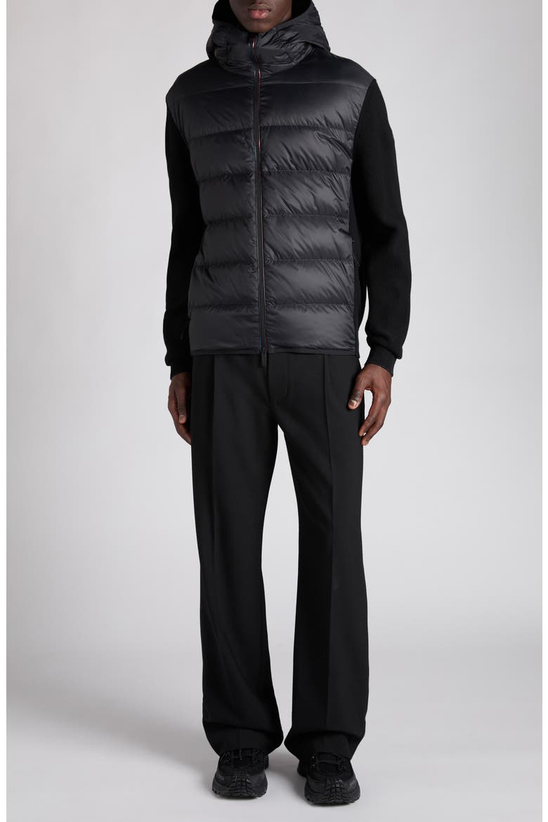 Cotton Knit & Down Hooded Cardigan, Main, color, BLACK
