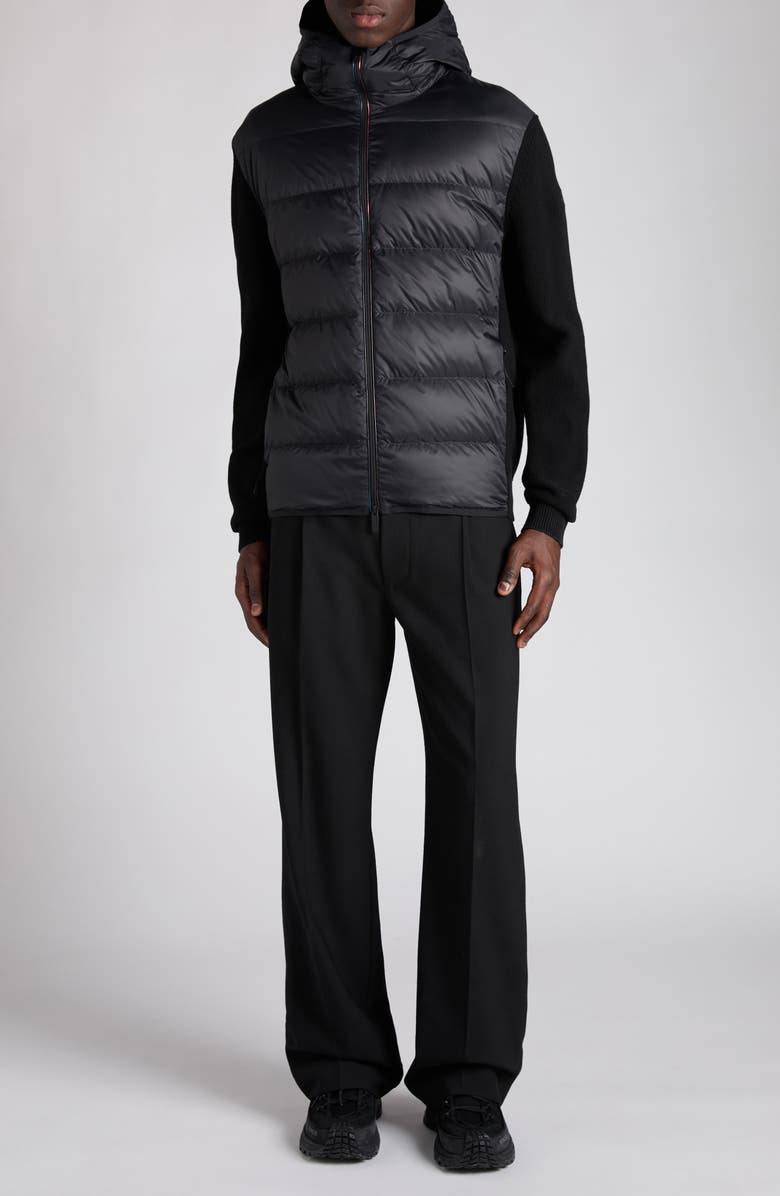 Moncler Cotton Knit & Down Hooded Cardigan, Main, color, Black