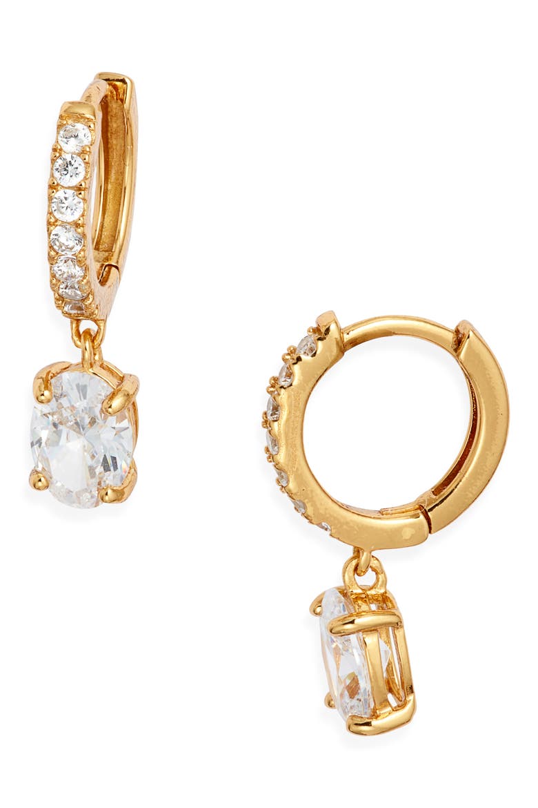 Cubic Zirconia Huggie Drop Earrings, Main, color, 14K GOLD PLATED