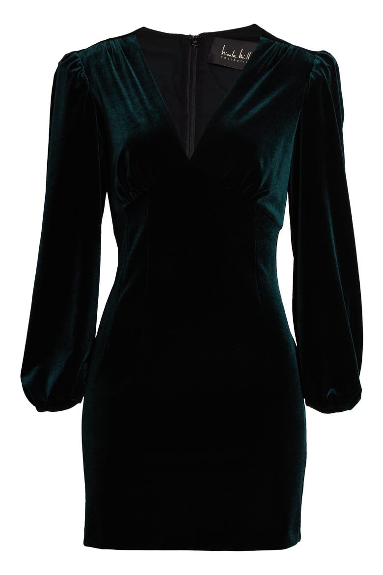 Puff Long Sleeve Deep V-Neck Velvet Minidress, Alternate, color, GREEN