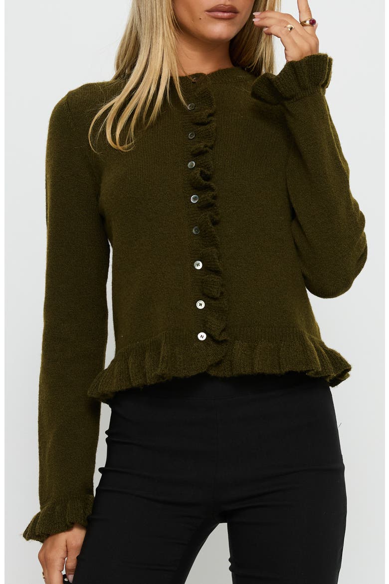 Inclination Ruffle Cardigan, Main, color, MOSS