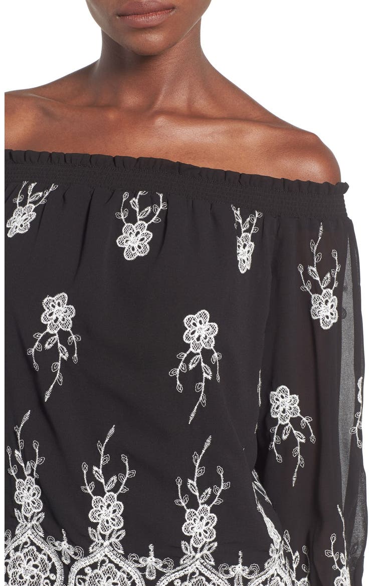 Embroidered Off the Shoulder Top, Alternate, color, BLACK/ IVORY