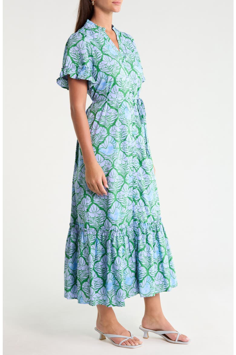 Alna Floral Ruffle Trim Button-Up Midi Dress, Alternate, color, EMERALD-BLUE