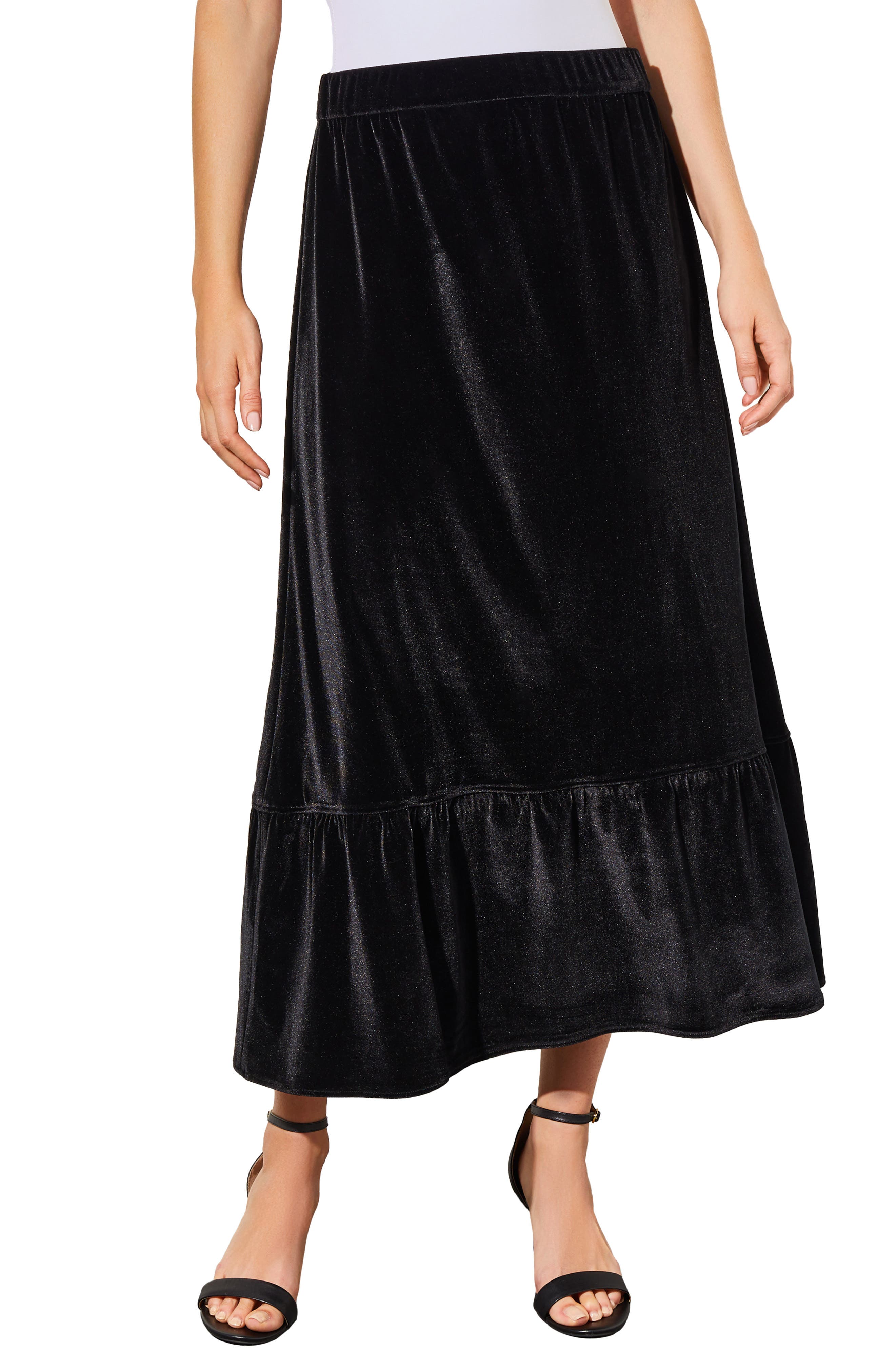 Ming Wang Flounce Velvet Midi Skirt