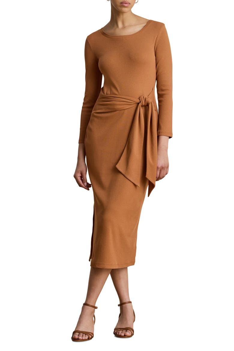 Imalah Tie Waist Rib Cotton Blend Midi Dress, Main, color, RED TERRACOTTA