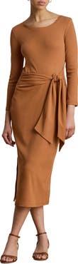 Lauren Ralph Lauren Imalah Tie Waist Rib Cotton Blend Midi Dress