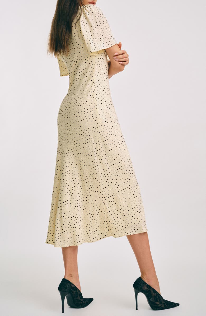 Reformation Tyra Polka Dot Short Sleeve Midi Dress, Alternate, color, Salt And Pepper