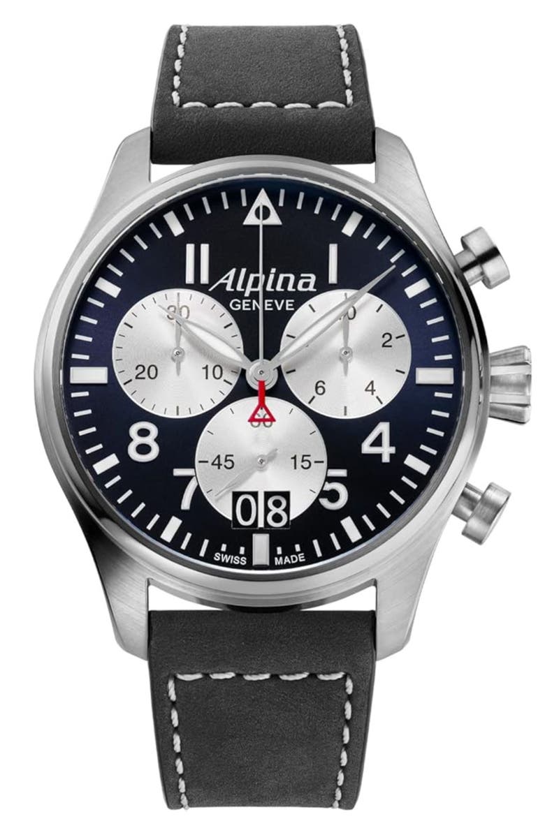 ALPINA Startimer Pilot Chronograph Leather Strap Watch, 44mm, Main, color,