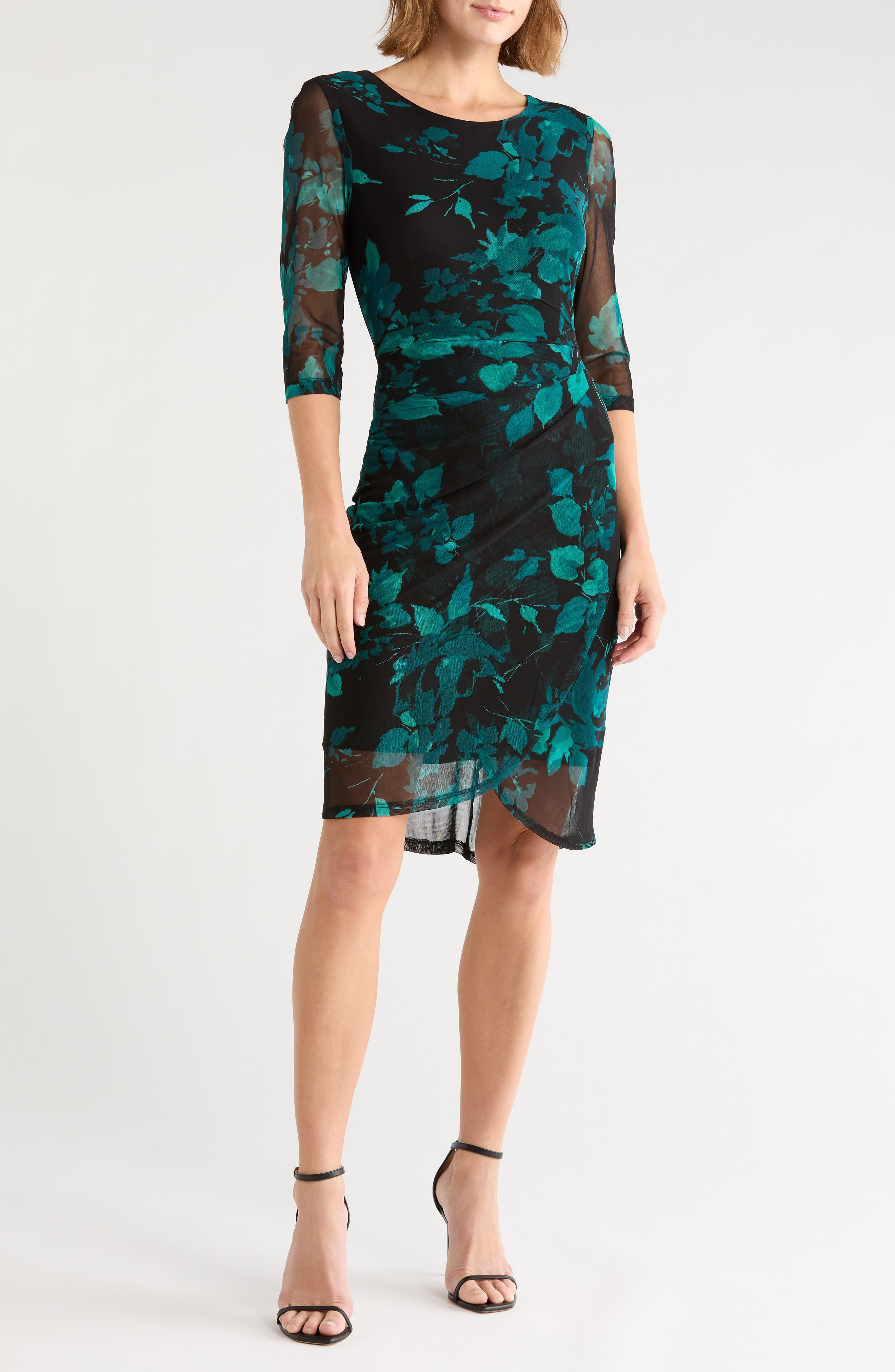 Connected Apparel Elbow Sleeve Gathered Midi Dress In Spruce