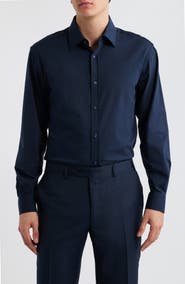 DANIEL HECHTER Modern Fit Solid Navy Knit Cotton Dress Shirt